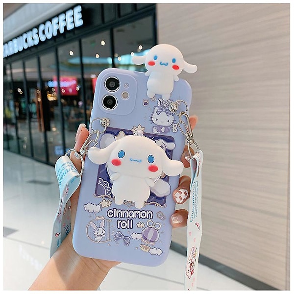 Sanrio Cinnamoroll 3D-fodral för iPhone 14 13 12 11 Pro Max X Xr Xs 7 8 Plus Söt hundremsslinga Cartoon Cover Lanyard Mirror and Rop Mirror and Rope 1 For iPhone 14 Plus