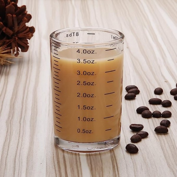Mätglas blästrat glas 4 oz/120 ml flytande tungt espressoglas med 2 svarta fjäll och 2 röda fjäll (4 st)