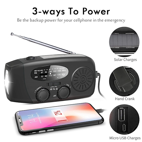 Vevradio med solceller, ficklampa och powerbank svart svart black