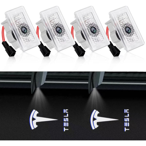 4 stk. Tesla Puddle Lights Bildørslys Logoprojektor, Ultralet LED 3D Laser Ghost Shadow Light, Invitationslamper til Model 3 Y S X Tilbehør—PA