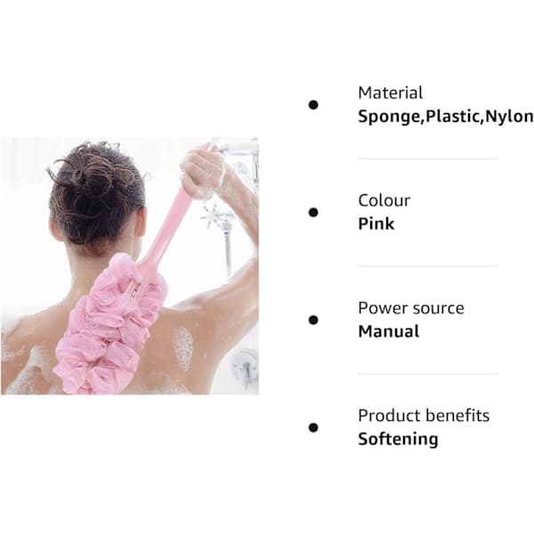 Long Handle Bath Brush Back Scrubber Shower Body Brush Sponge Hanging Soft Mesh (Pink)
