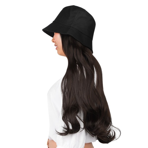 Muodikas musta bucket cap hattu peruukki pitkät kiharat hiukset ulkona hiuslisäke musta ruskea