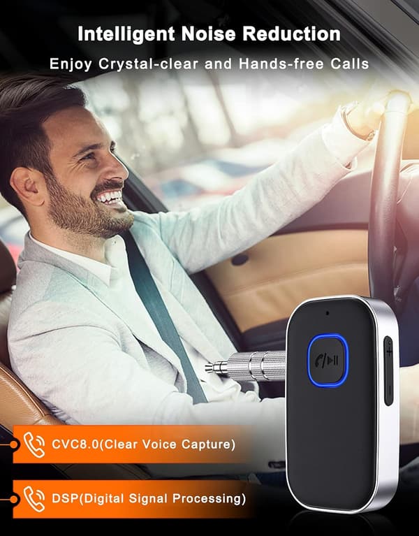 Bluetooth-mottaker for bil, støyreduserende Bluetooth-biladapter, trådløs lydmottaker for hjemmestereo/kablede hodetelefoner, håndfrie samtaler