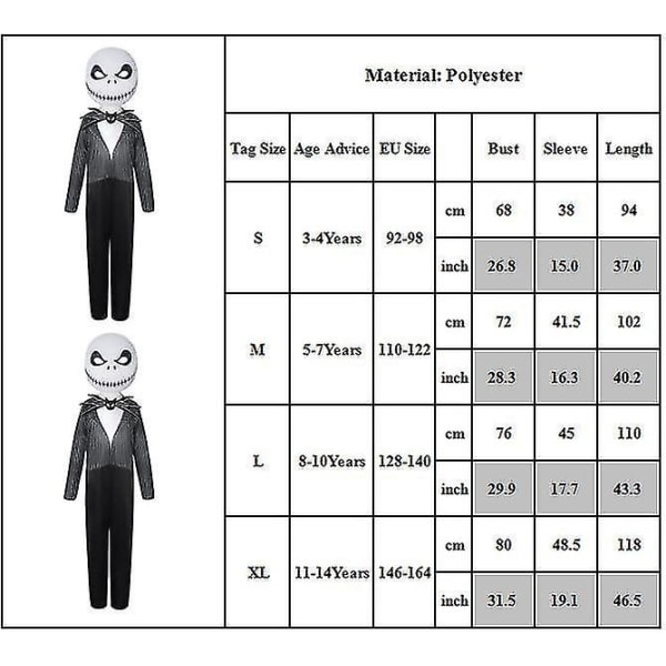 3-14 År Børn Halloween Nightmare Jack Skellington Cosplay Jumpsuit Med Maske V 3-4 År 3-4 Years