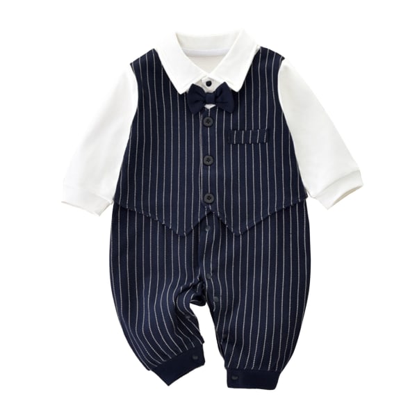 Baby jakkesæt med sløjfe Super blød åndbar bomuld Langærmet Baby Gentleman Jumpsuit Blå 80