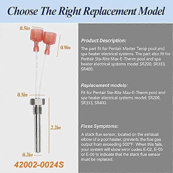 42002-0024S Stack Flue Sensor Udskiftning til Pentair Sta-Rite MasterTemp Max-E-Therm Pool og Spa Varmelegeme Elektriske Systemer SR200 SR333 SR400