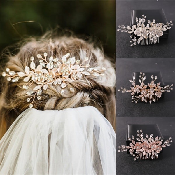 Rosa/Silver#F Bröllop Kristall Hår Vines Blomma Leaf Headpieces