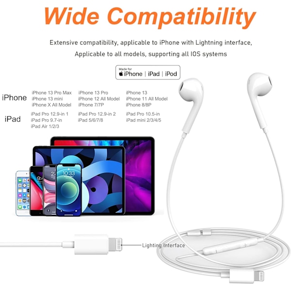 Kablede hodetelefoner med Lightning-kontakt, HiFi-lyd stereohodetelefoner med mikrofon og volumkontroll i øret Kompatibel med iPhone 14/13/12/SE/11/X.pa