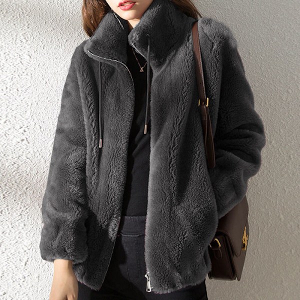 Dame fleece fluffy Teddy Bear Coat Plain Pocket Jakke Yttertøy Grå