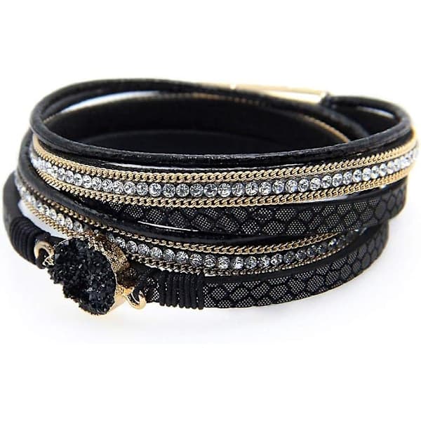 Läderarmband för Kvinnor, Boho Leopard Multilager Kristallpärlor Manschettarmband Smycken