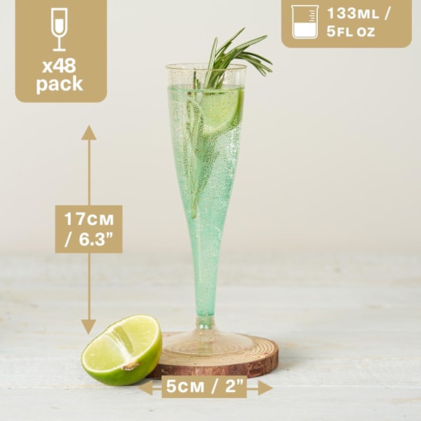 48 Premium Champagneglass i Plast med Gullglitter, 133ml - Gjenbrukbare Champagneglass, Plastglass, Proseccoglass for Cocktails, Vin Gold