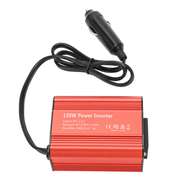 Bilstrømomformer 150W 12V DC til 220V AC med dobbel USB 2.1A-utgang for strømforsyning Rød