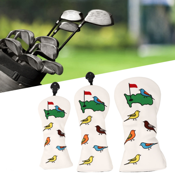 3 STK Golfkøllehoveddæksel PU vandtæt fuglemønster golfhoveddæksel til driver Fairway Hybrid Hvid