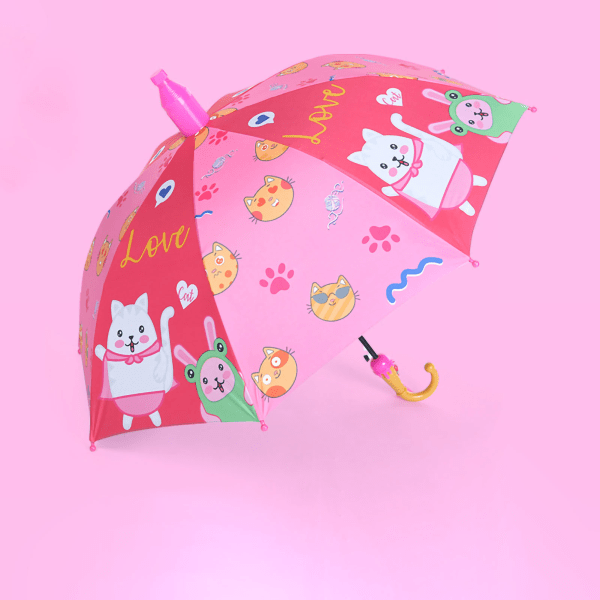 Tegneserie Paraply med langt håndtag Fuldautomatiske søde mønstre Dobbeltbrug søde børneparaplyer til børn børnehave Pink kat