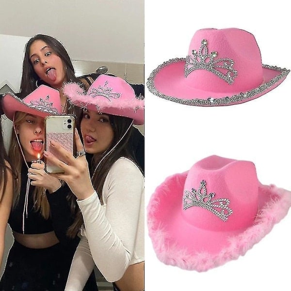 Rosa Cowboyhatt i Western-stil med Tiara, Cowgirl-keps, Cowboy-festhatt, rosa med silverkant pink silver edge