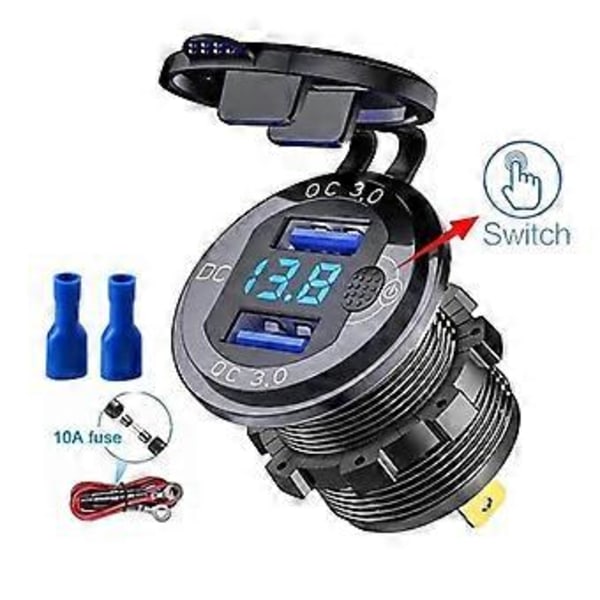 12V/24V Dobbelt USB QC3.0 Udtag Biloplader USB Cigarettænder Stik Vandtæt Med LED Voltmeter ON/Off Kontakt Hurtig Oplader Adapter Biltilbehør