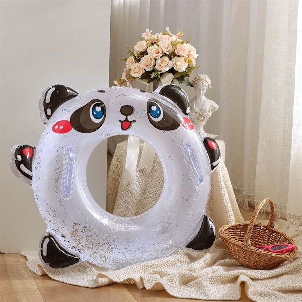 Oppustelig pool float tube med pailletter, sød panda, transparent svømmering med håndtag til ring, tykkere vandlegetøj