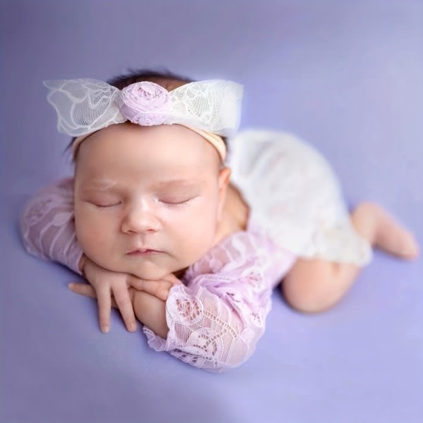Nyfödd fotorekvisita Rosett Pannband & Spets Jumpsuit Baby Kläder Huvudbonad Rygglös Triangel Romper for nyfödd