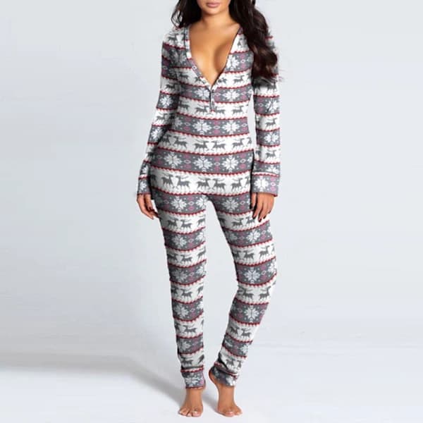 Dam Tryckt Jumpsuit för Sovplagg Julpyjamas Långärmad Nattkläder Vit-tfrf