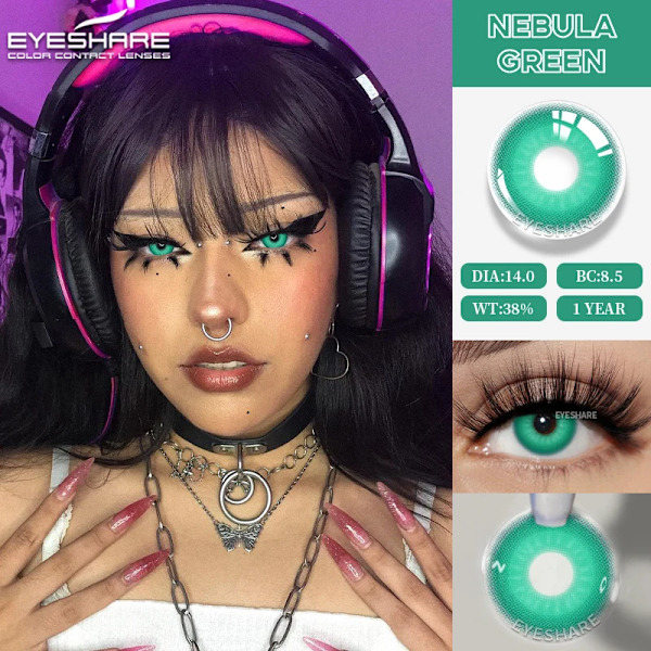 Eyeshare Anime Färgade Kontaktlinser för Cosplay - Blå Galna Halloween Linser, Kontaktlins Skönhetssmink NEBULA-GREEN 0