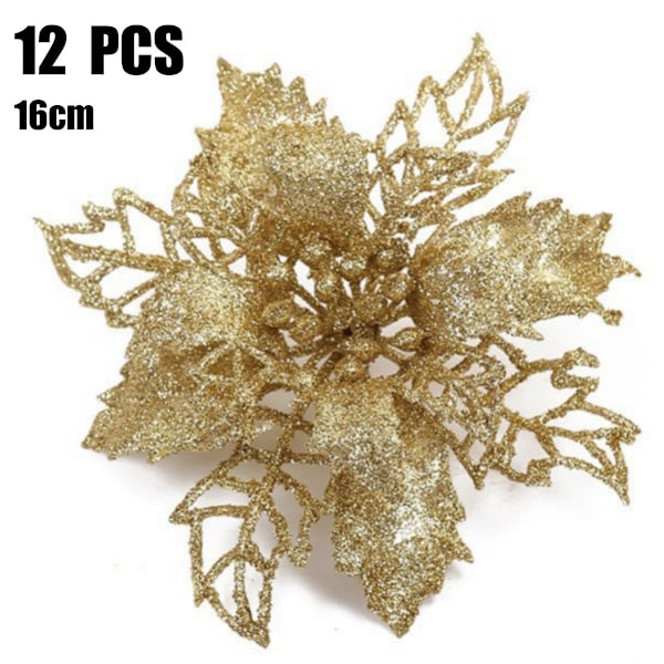 12-pack julgransdekorationer, glitterkonstgjorda julblommor, julblomsterdekorationer, julgransblommor