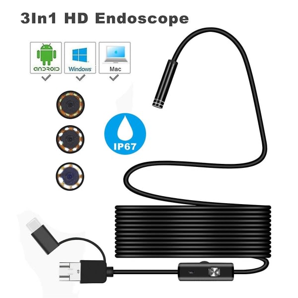 3in1 Android USB Type-c Endoskopinspektion 7mm kamera 6 LED HD Vattentät