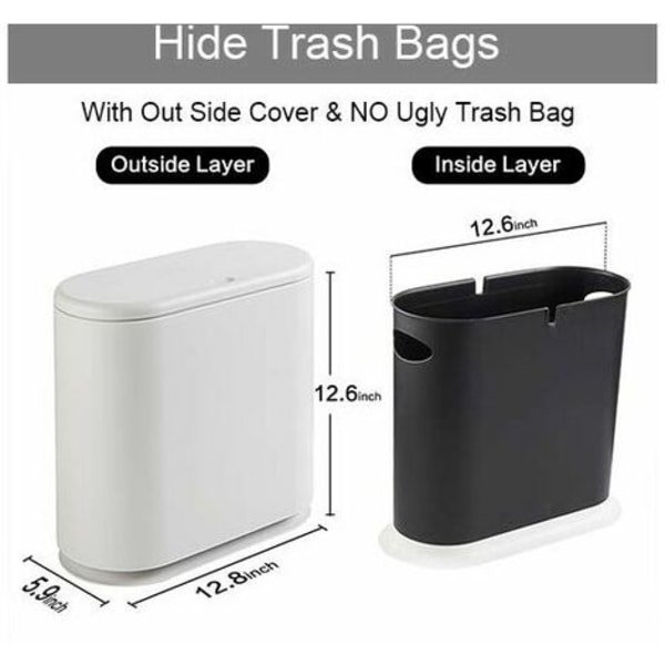 Sopkorg, 10L/2,4 gallon smal plast med fällbart lock, vit