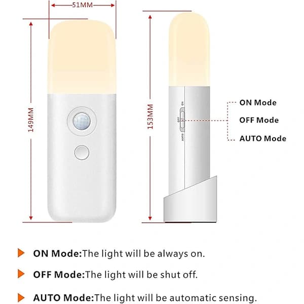 Bevegelsessensorlampe for innendørs bruk med base, USB-oppladbart batteri 2000 mAh, dimbar