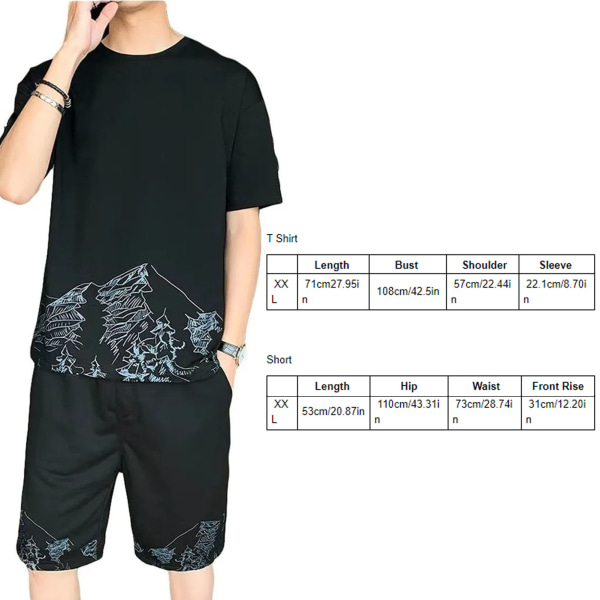 Miesten kesäpuku T-paita ja shortsit, kaksiosainen yhteensopiva set ulkoiluun, musta XXL