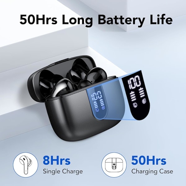 Paris Trådlösa Hörlurar, 50 timmars speltid, Bluetooth 5.3-hörlurar, In-Ear med 4 ENC brusreducerande mikrofoner, 85% basförstärkning