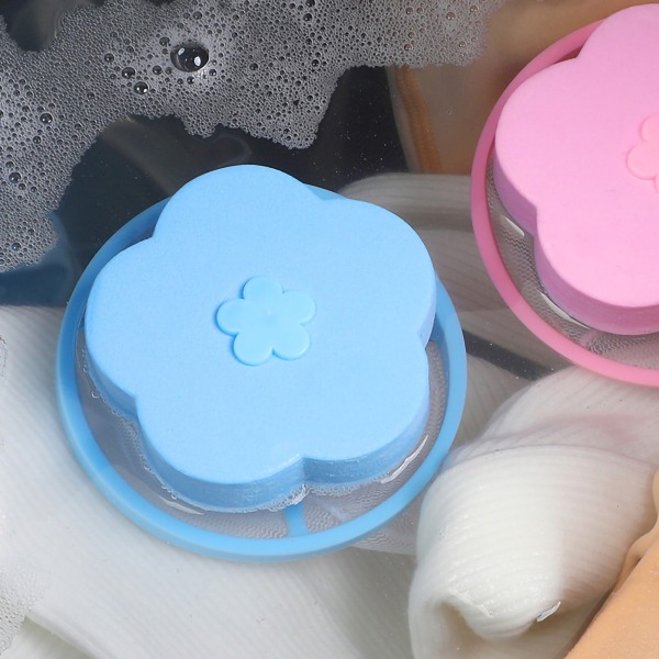 Vaskemaskin filterpose plommeblomstformet 360 grader gjenbrukbar PP flytende vaskemaskin filterpose for klesvask Blå
