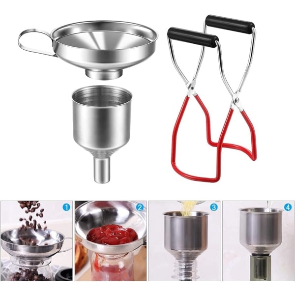 Set i rostfritt stål, 4-delars sylttratt Påfyllningstratt Set med handtag, burktång Tratt i rostfritt stål för överföring av kryddor