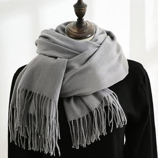 Vinterhalstørkle for kvinner, myk imitasjon av kashmirpolyester, varmt frynset sjal for høst og vinter, lysegrå, 70 x 200 cm Light grey