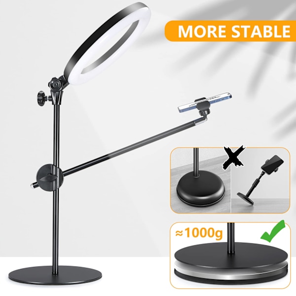 Selfie Ringlys med stativ og telefonholder, 10\" Overhead LED