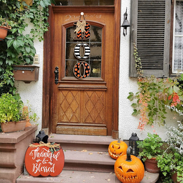 Boo-kyltti ja puinen kurpitsa Kiitollinen ja siunattu kyltti Sadonkorjuu Syksy Halloween Koristelu Kiitospäivä Ripustettava seinäovi Koristelu