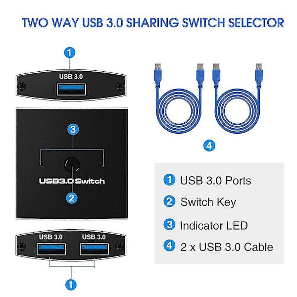 USB 3.0 Kytkinvalitsin KVM-kytkin 5 Gbps 2 sisään 1 ulos USB-kytkin USB 3.0 Kaksisuuntainen jakaja Yhteensopiva tulostimen näppäimistön hiiren jakamisen kanssa.pa