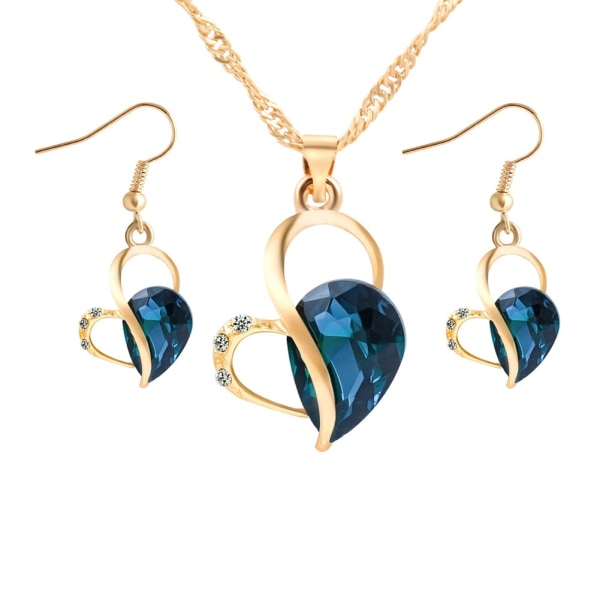 Stilig hjerteformet vanndråpe for kvinner Halskjede øredobber sett Smykkedekorasjon (blå)