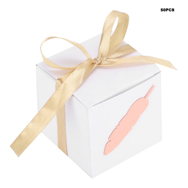 50st White Favor Boxes Bonbonpaket Kraftpapperspresentpåsar med band för bröllopsfestRosa blad &amp; Gyllene bandet