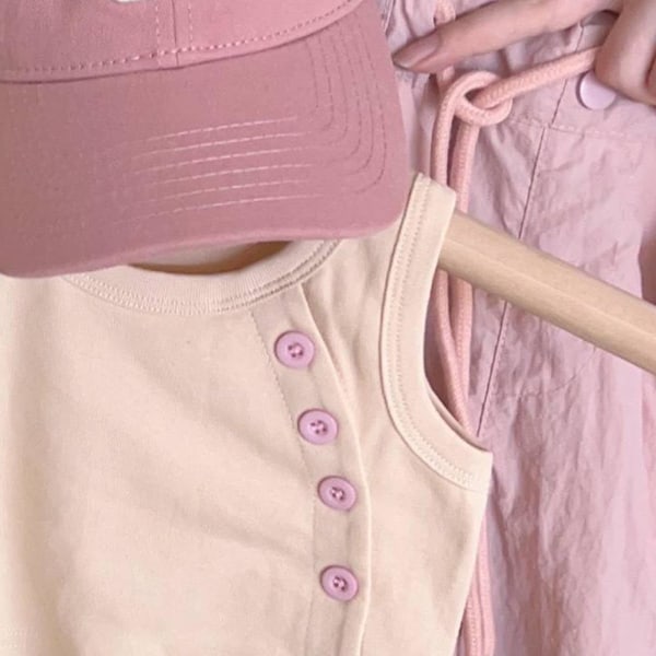 Lasten tyttöjen pyöreäkaula-paita kesän casual muodikas napillinen hihaton paitapusero juhliin, vaaleanpunainen 120