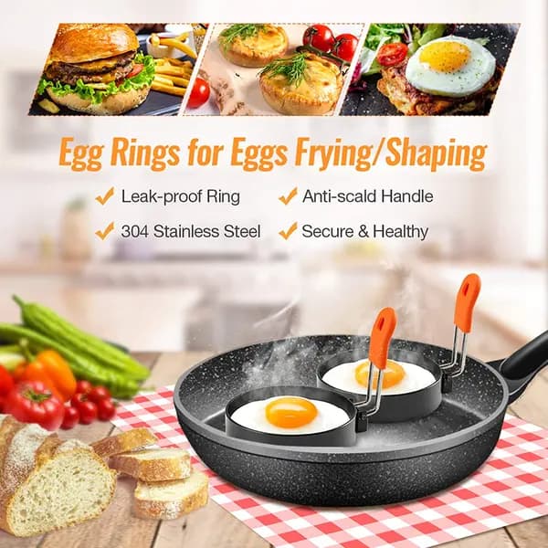 Egg Rings 4-pack Stainless Steel and Silicone with Foldable Handle for Eggs Omelets Pancakes Black 7.5 cm