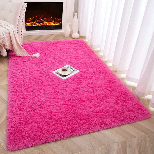 Mjuka fluffiga mattor til barnrum og soveværelse Plysch Shaggy Hot Pink 1,3 x 2 fod