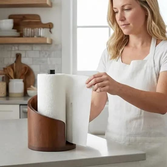 Paper Towel Holder Stand Solid Wood Vertical Roll Dispenser With Metal Side Bar for Kitchen Counter Dining Table Brown