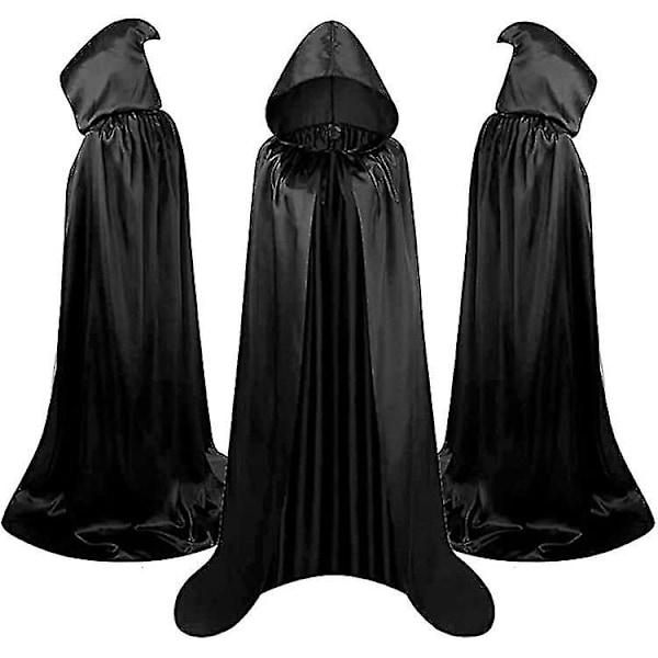 Halloween-kappa för vuxna i satintyg, barnkappa med stående luva, svart dödsmantel (59 tum) 59inch
