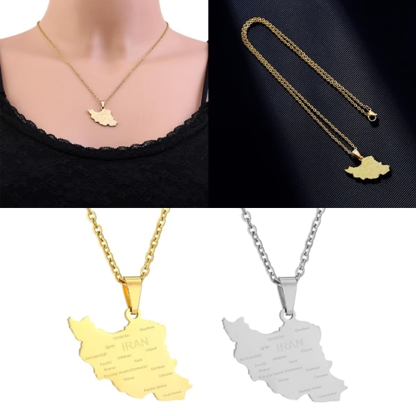 Trendiga Iran Kartformade Hängsmycke Halsband Karta och Stadshalsband Lång Choker Gotisk Fest Mode Smycken Födelsedagspresent Silver