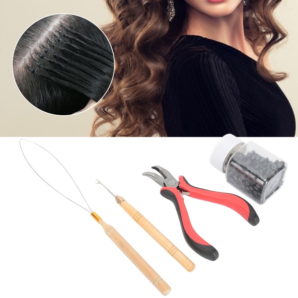 500 st silikon hårförlängningsring Böjd tångkrok Nål Drag nål hårförlängningsverktygssats