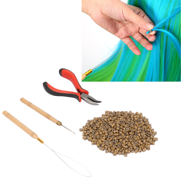 Værktøjssæt til hårforlængelse Micro silikoneringe Perle med tænger Træknål Hæklet hårstylingforlængerværktøj 7 1000 stk. Hårringe