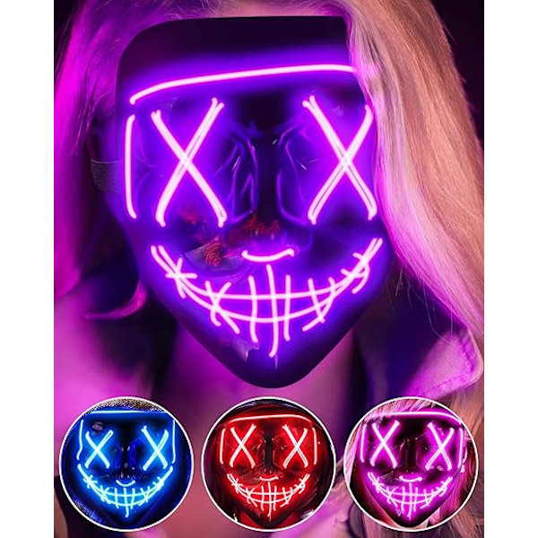 LED Halloween-naamio kauhuun, hehkuva naamio roolileikkeihin, LED-karnevaalinaamiaisasu 3 valotilalla. (Violetti)