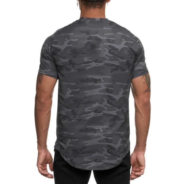 Sportsskjorte for menn Hudvennlig Hurtigtørkende Pustende Komfortabel T-skjorte med rund hals for løping Yoga Black Camouflage XL