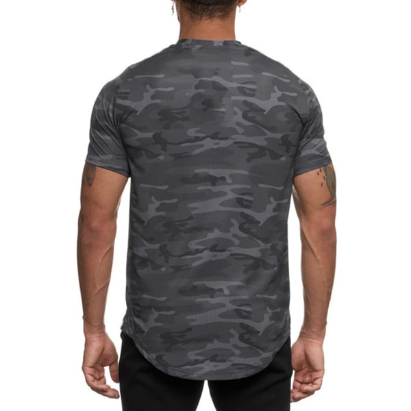 Sportsskjorte til mænd Hudvenlig Hurtigtørrende Åndbar Komfortabel T-shirt med rund hals til løb Yoga Sort Camouflage XL