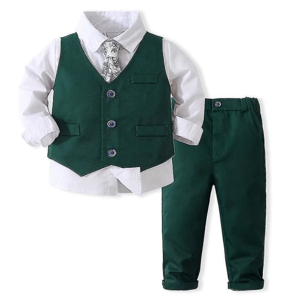 Barn Enfärgad Klänning Skjorta+väst+byxa+slips Sæt Elastik midja Formell Dressy outfit Lapel Neck Gentleman Suit 110cm